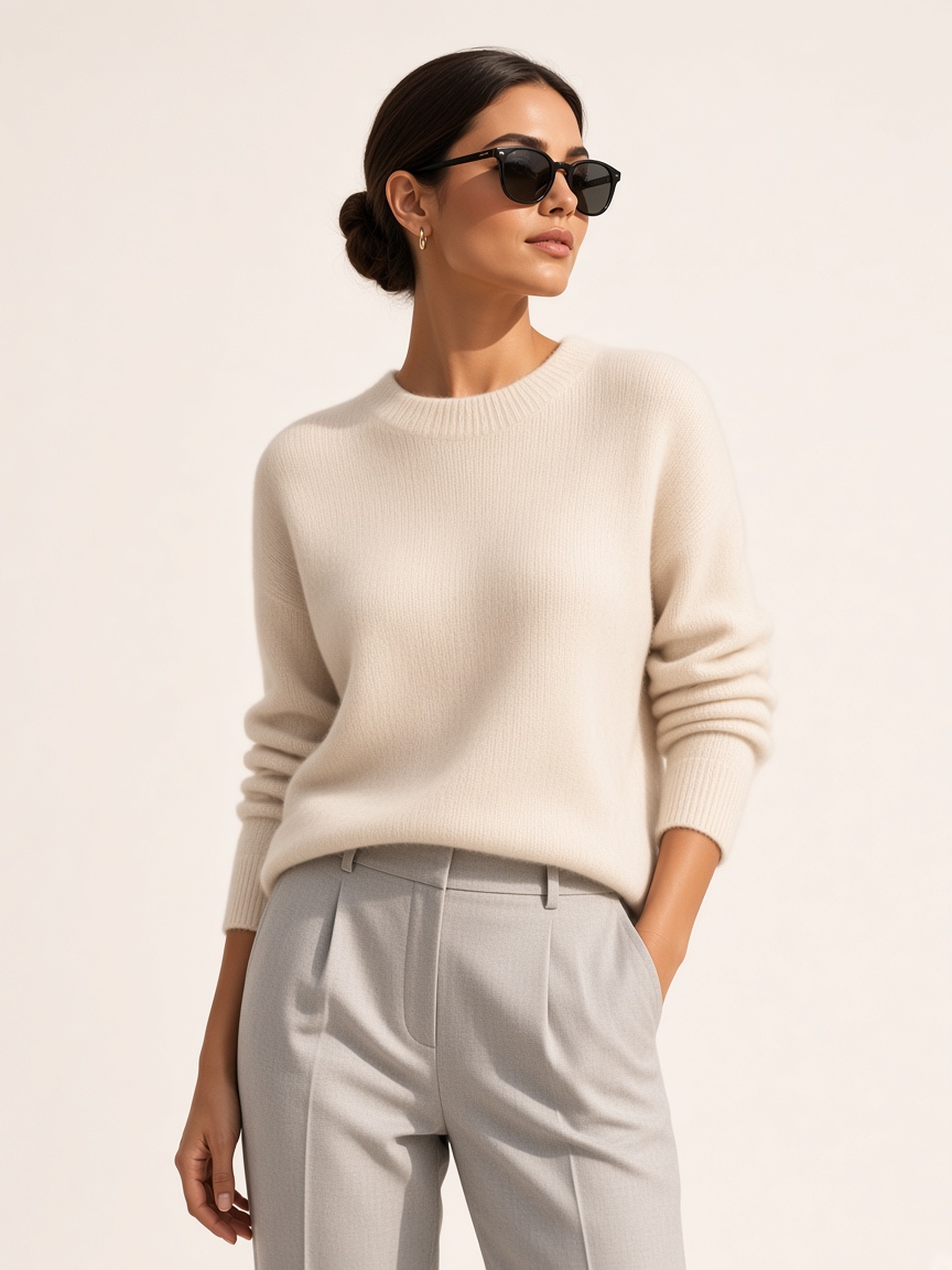 Example shared look: a model wearing a cream sweater and trousers